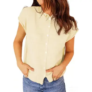 Cropped Cardigan Cap Sleeve Sweater Vest Crew Neck Button Casual Lightweight Knit Vacation Outfits