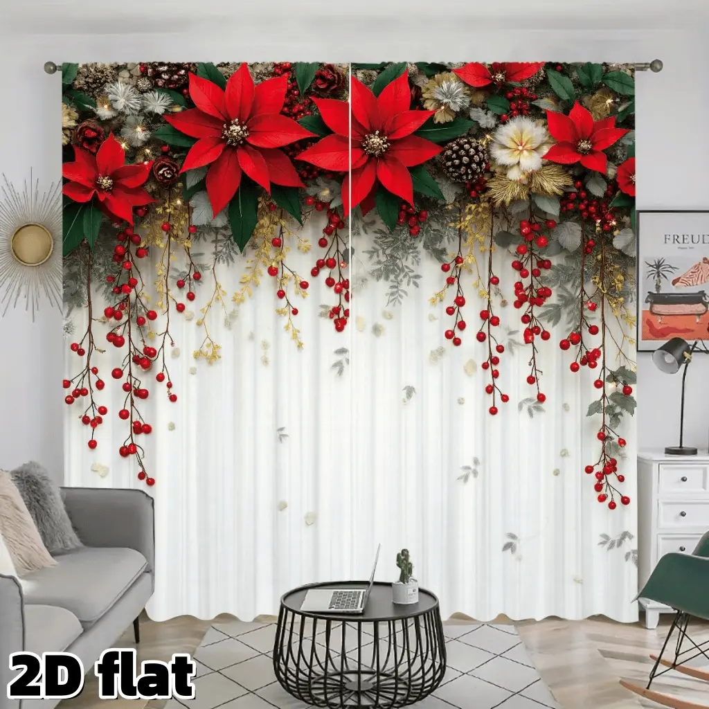 2D Flat 2Pcs Christmas Poinsettia Curtains Red Berry Hanging Design Premium Polyester Rod Pocket Panel Holiday Theme Semi Sheer White Drapes for Living Room Bedroom Window Treatment Festive Home Decor Privacy Protection Home Decoration Curtain