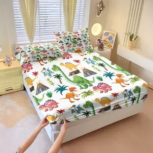 3Pcs Cartoon Dinosaur Volcano Print Fitted Sheet Set, Children'S Adventure Themed Bedding Set, Durable Soft Microfiber Bedding, Science Popularization and Fun Atmosphere Room Decoration. Includes Two Pillowcases (Excluding Pillow Core)