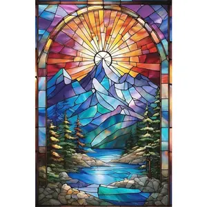 1PCS Stained Glass Mountain Diamond Painting Kit 5D DIY Crystal Rhinestone Embroidery Arts Craft for Home Wall Decor with Scenic Landscape Design Including Sunburst Peaks Forest River and Vibrant Color