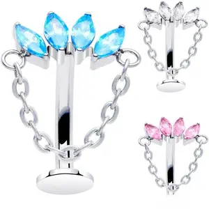 Gem Chain Dangle Titanium Push In Threadless Floating Belly Ring