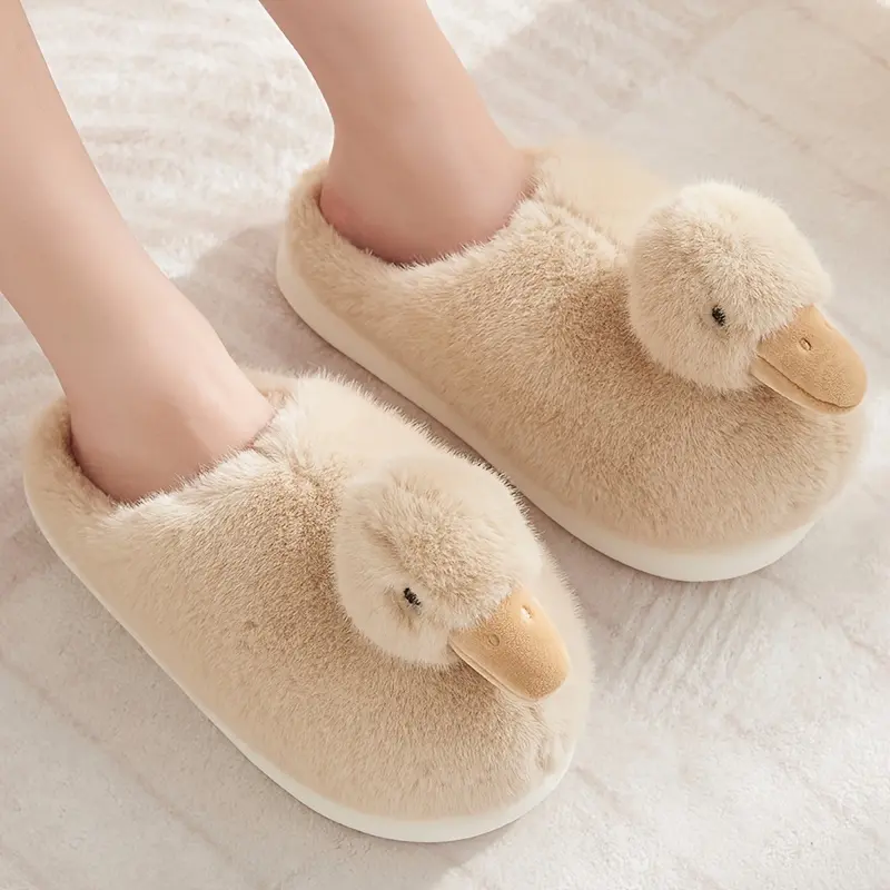 Women's Cute Duck Slide Slippers, Plush Cartoon Indoor House Shoes with Warm Lining and Non-Slip Sole for Winter