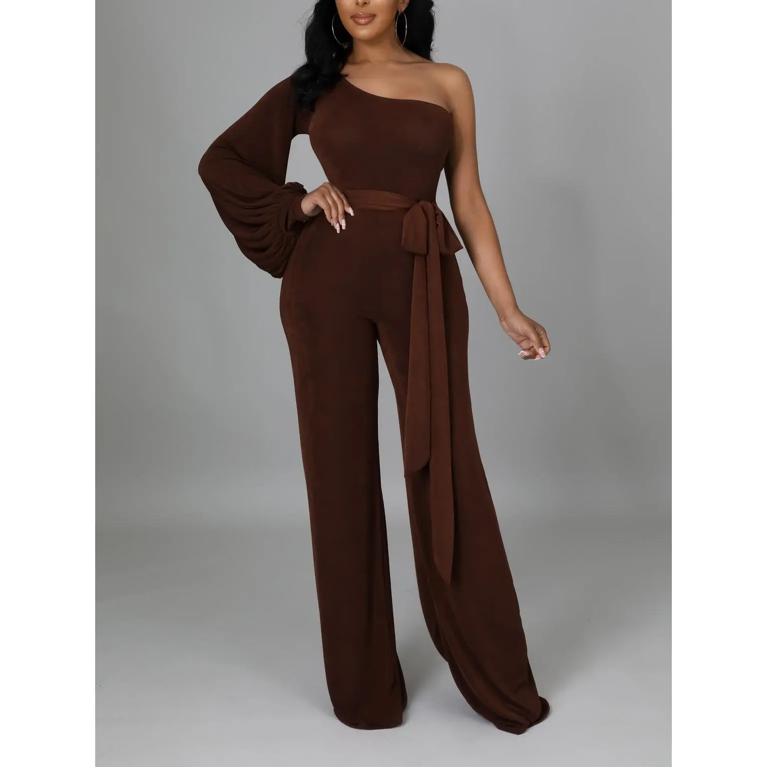 Chocolate Brown Off-Shoulder Jumpsuit - Women's Elegant Long Sleeve Top with Waist Tie Detail for Comfort and Trendy Look Chic Fit Style