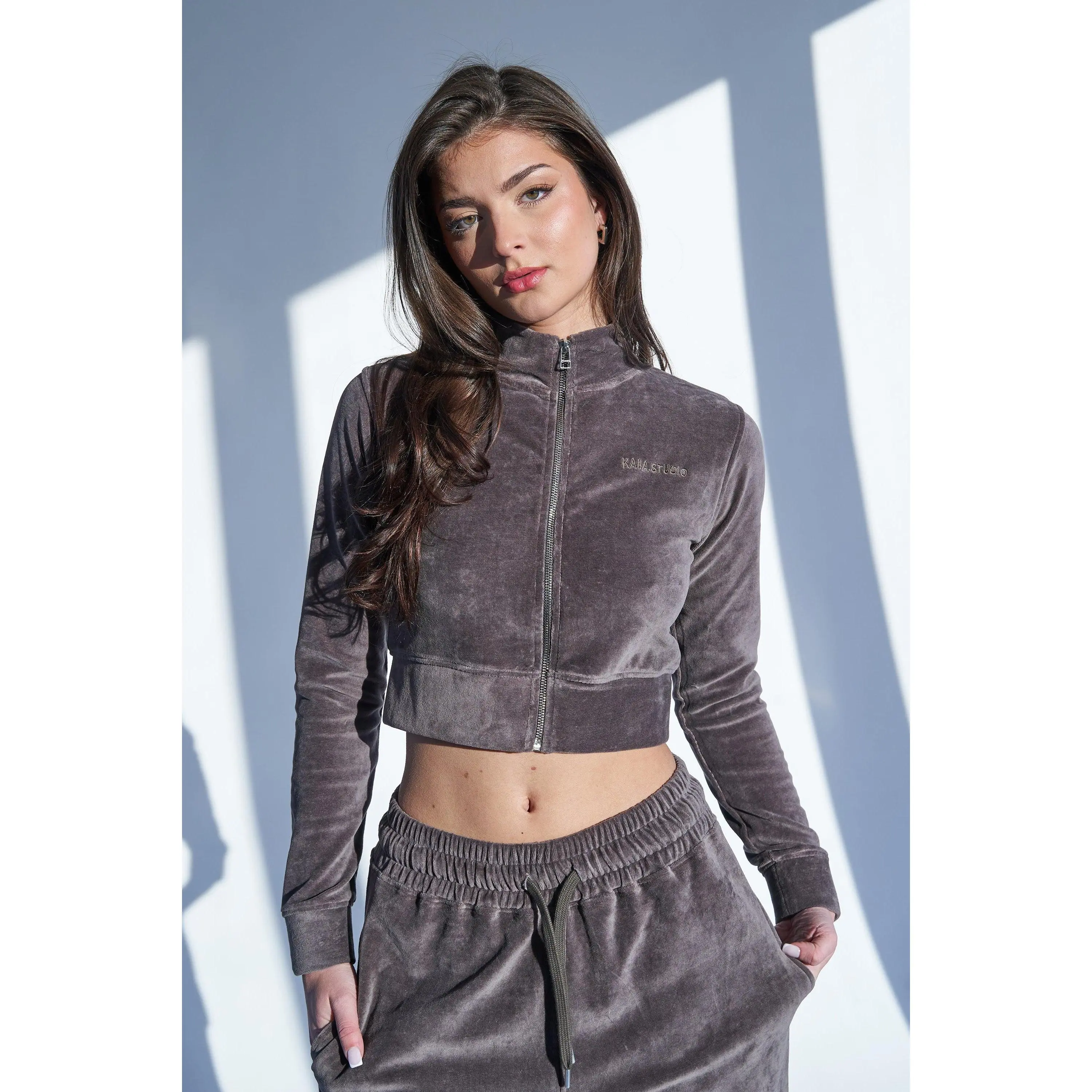 Kaiia Studio Logo Velour Slim Fit Zip Through Crop Jacket Dark Grey