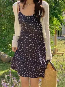 Elegant French Long Sleeve Cardigan & Floral Dress Set, Casual Wear, Soft Waist-Centric A-Line Style, Perfect for Commuting & Outdoor Activities