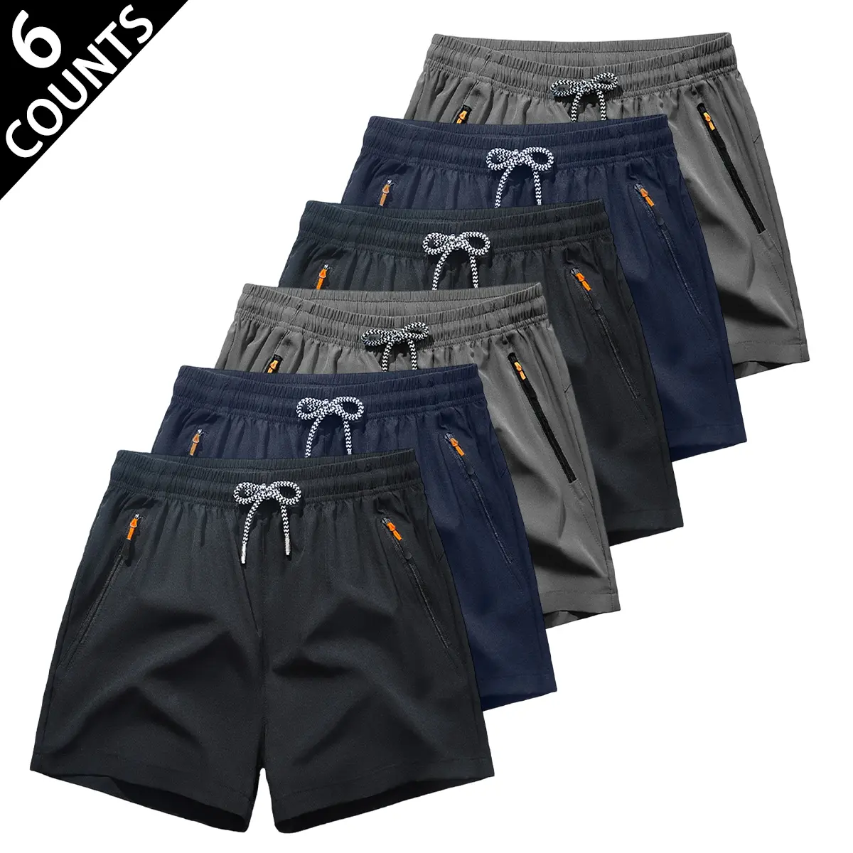 Men's 6-Pack Athletic Quick Dry Shorts - Adjustable, Breezy, Quick-Fit, Sweat-Wicking, Lightweight, Elastic Waistband with Drawstring, Zipper Pockets, Ideal for Running, Gym, Athletic Shorts, Adjustable Men's Shorts