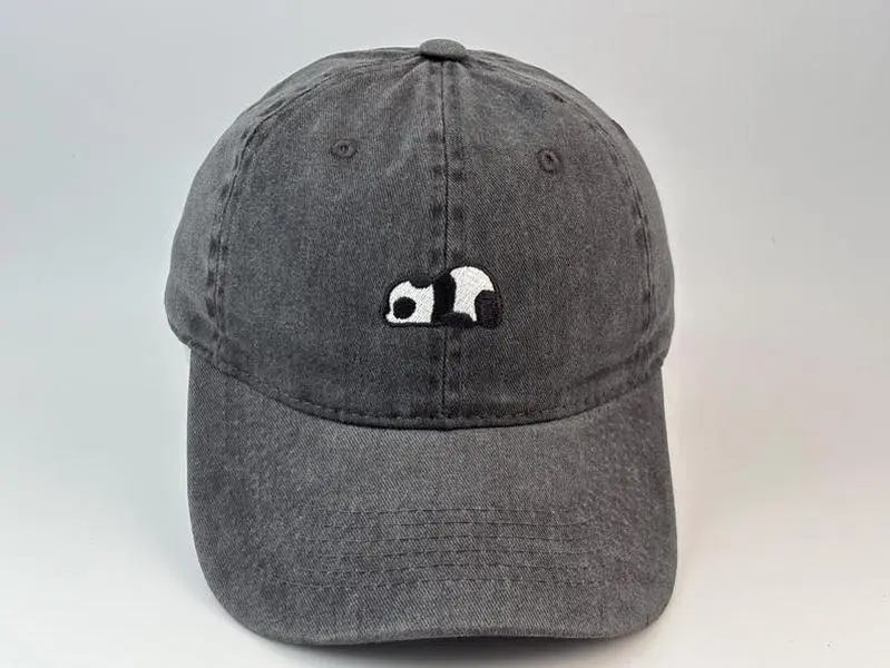 Panda Embroidered Baseball Cap, Vintage Washed Charcoal Gray Dad Hat