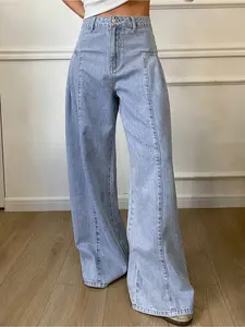 Women's Fashionable Elastic Comfortable Straight Leg Wide-Leg Woven Denim Jeans Pants, Plain Pattern, Fitted Style, All Seasons Wear