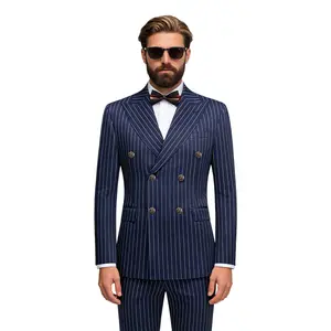 Men's Pinstripe Double Breasted 2 Piece Suit Set, Formal Business Blazer & Pants with Bow Tie, Slim Fit Wedding Groom Tuxedo for Party, Prom, Business Occasions