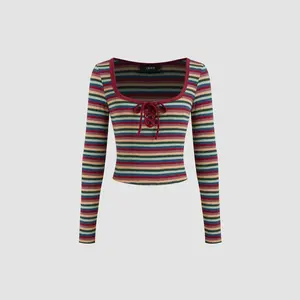 Cider [size 2-26] Cotton-blend Square Neck Striped Lace Up Knotted Long Sleeve Tee SummerWins Dealsforyou