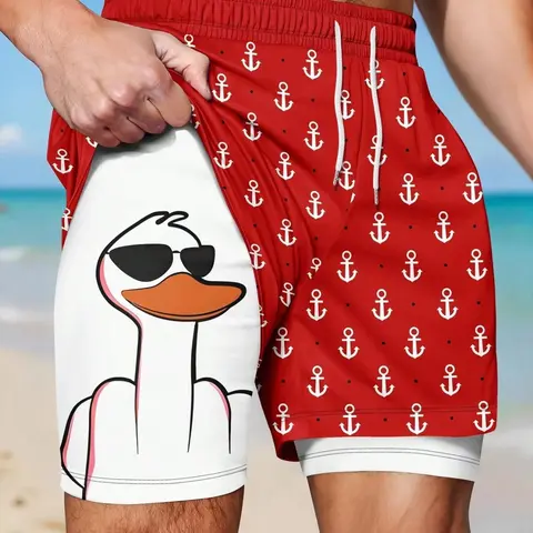 Men's Double-Layer Beach Shorts, 2-in-1 Summer Athletic Shorts, Active Shorts, Breathable Printed Shorts, Quick-Dry Breathable Fabric, Funny Duck & Anchor Print, Elastic Drawstring Waist, Anti-Chafe Liner, Shorts for Gym, Beach and Daily Wear