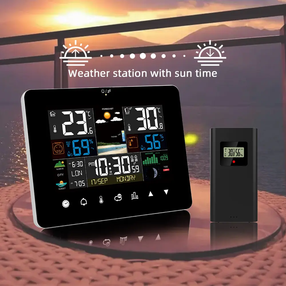 Indoor Outdoor Weather Forecast Station, Moon Phase Digital Clock, Alarm Clock with Sunset Sunrise Time & Calendar