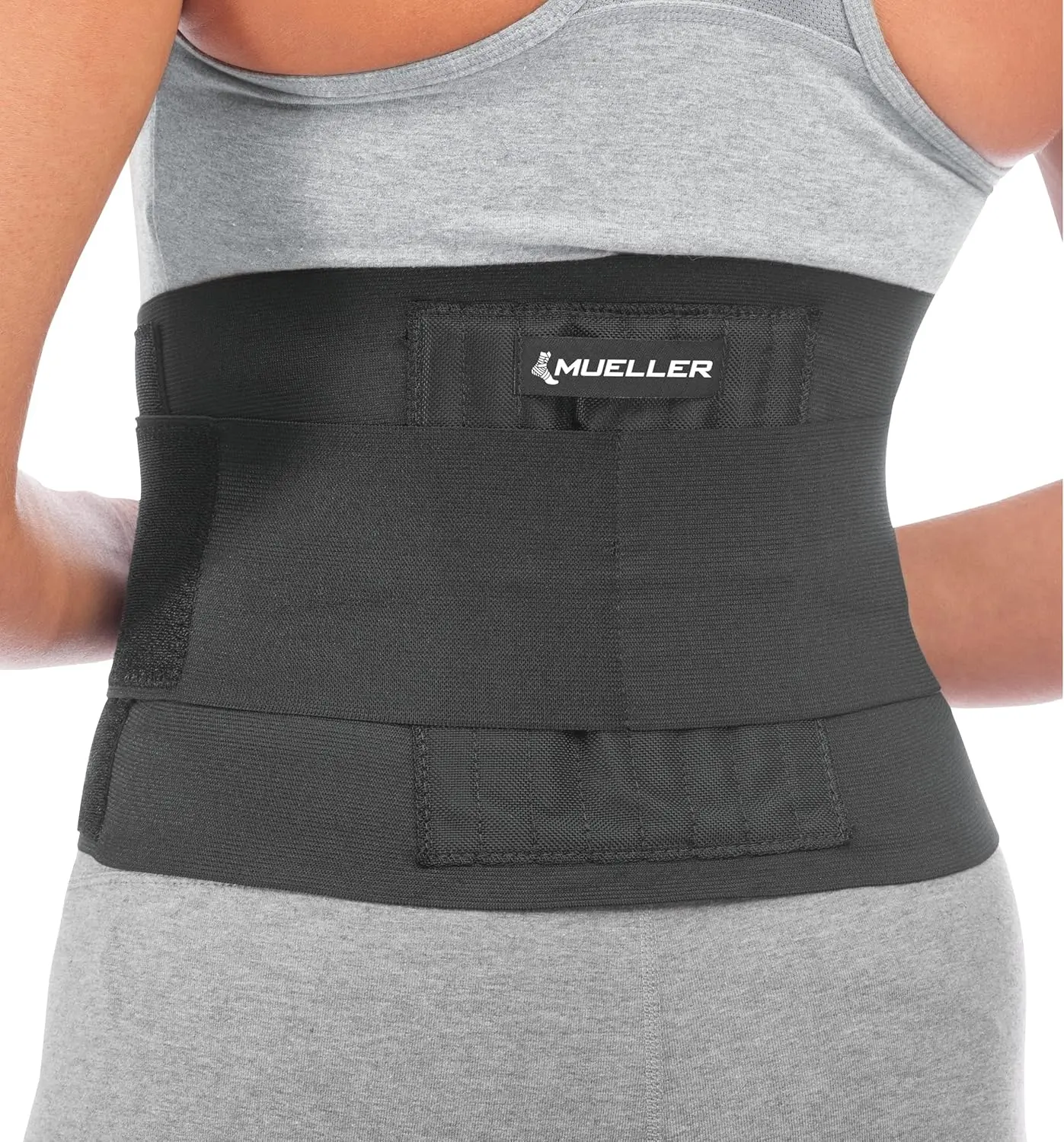 MUELLER Sports Medicine Adjustable Fabric Back Brace - 8 Steel Springs Compression Belt, Waist & Abdomen Support for Men - Back Pain, Sciatica Relief