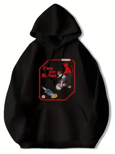 Men'S Funny Satan Graphic Hoodie - "I'm with Stupid" Sarcastic Sweatshirt, Black Pullover Hoodie with Red Text, Loose Fit Streetwear for Halloween, Parties, Everyday - All-Season Casual Sweatshirt for Men, Party Outfit, Playful Design Fabric Menswear