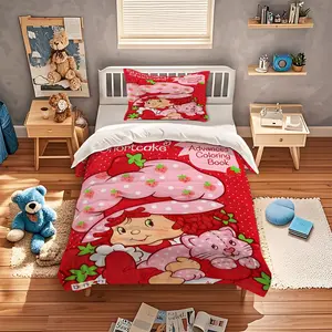 Strawberry Shortcake Duvet Cover Set,Retro 80s Cartoon Print,Decorative Duvet Cover,Suitable for Decorating Bedroom Home Items for Children,Teenagers and Adults,Including 1 Bedspread and 1 or 2 Pillowcases (Excluding Quilt and Pillow Inserts)
