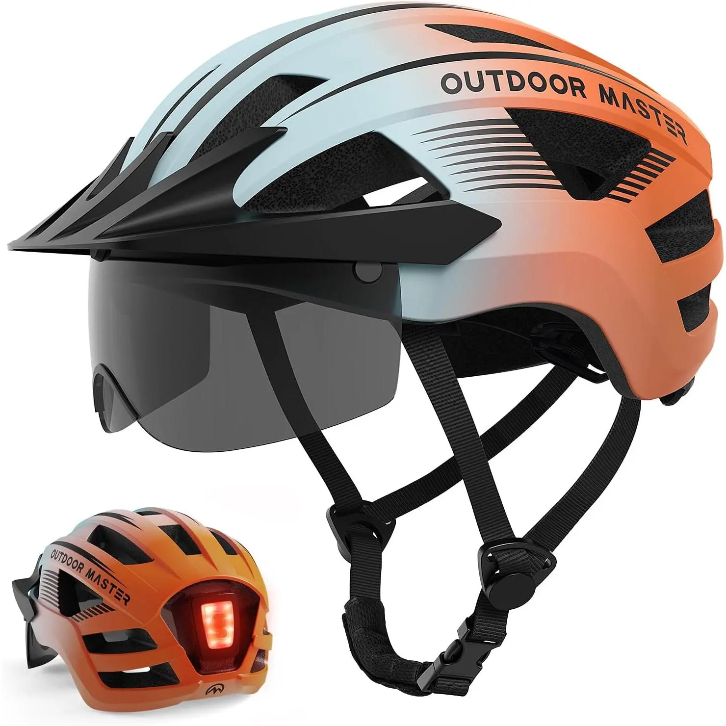 OutdoorMaster Impact-Safe Adult Motorcycle Helmet - Polycarbonate Shell, Rechargeable Rear LED Light, Detachable Magnetic Goggles, Removable Sun Visor, Adjustable Fit, 17 Vents, 51 to 62 cm Size Range for Commuting, Mountain Biking, Pc Shell, Multi-Size
