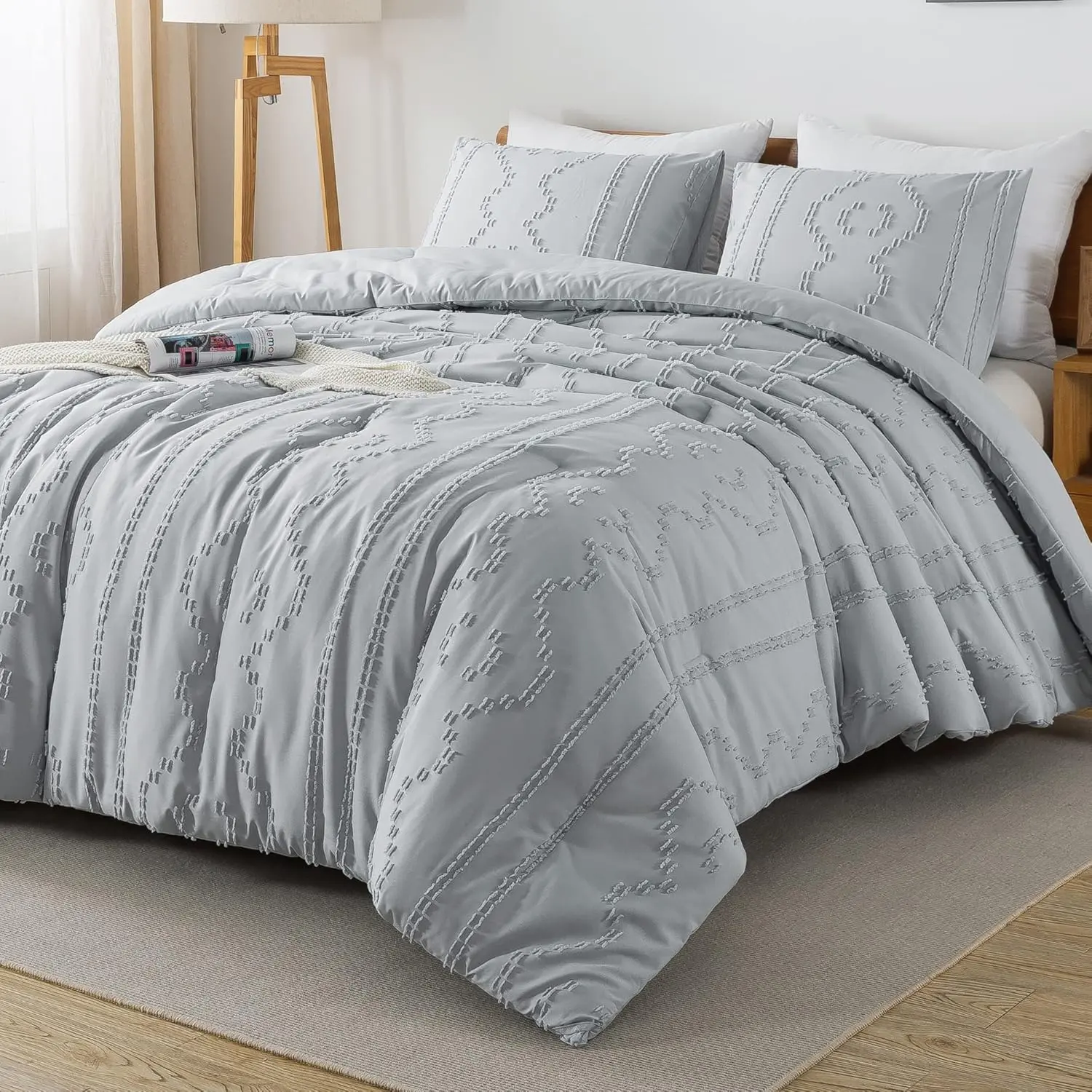 Light Grey Boho Tufted Comforter Queen(90x90Inch), 3 Textured Farmhouse, Microfiber Down Alternative Geometric with 2 Pillowcases