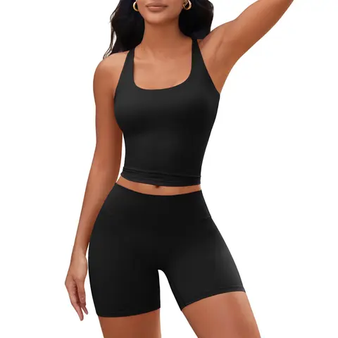 Imily Bela [Womens 2 Piece Workout Sets] Cross Back Padded Halter Tank Tops High Waisted Biker Yoga Shorts Gym Outfits