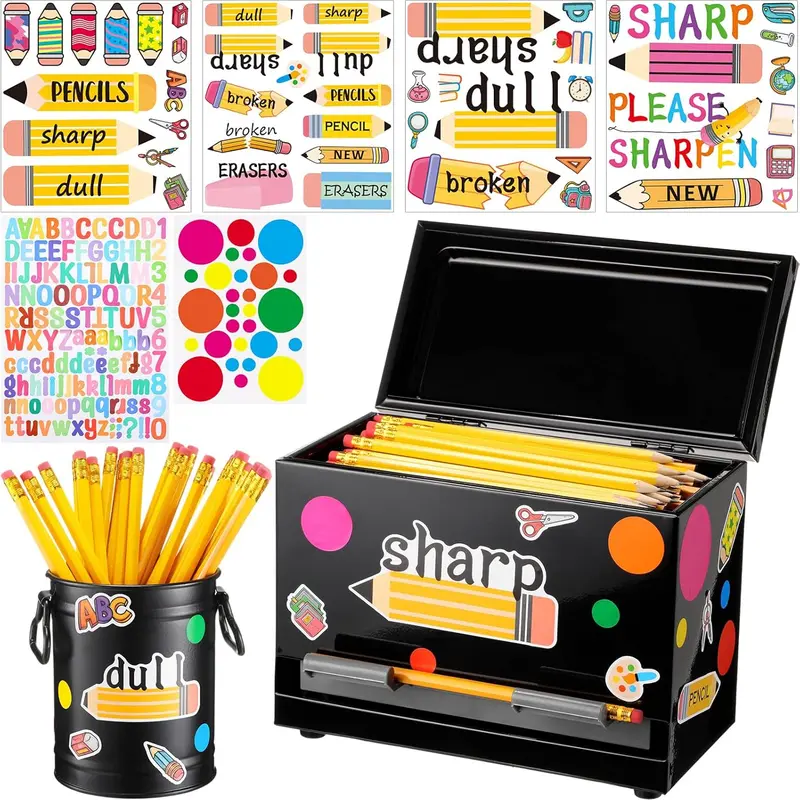 Back to School Metal Pencil Dispenser Kit for Classroom, Includes Stainless Steel Pen Storage Box & Pencil Holder Sharp and Dull Sticker, Teacher Must Haves Classroom Management Pencil Parking, First of School Day Teacher Gift for Pre K to Middle School