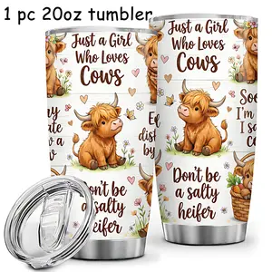 1pc 20oz Stainless Steel Tumbler, Tumbler Drinkware, Highland Cow Design “Just a Girl Who Loves Cows”, Double Wall Vacuum Insulated Cup Keeps Drinks Hot 12H/Cold 24H, Perfect Gift for Cow Lovers, Friends & Family, Ideal for Home, Farm & Outdoor Use