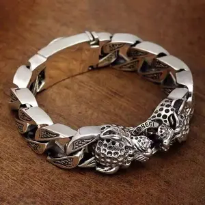 925 Sterling Silver Double Leopard Head Bracelet for Men Heavy Chunky Cuban Link Chain Bangle Oxidized Animal Totem Cuff Gothic Punk Rock Jewelry Gift for Him