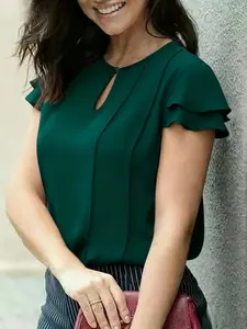 Spring Summer Women's Casual Feminine Elegant Ruffled Short Sleeve Solid Blouse Top, Fashion Commute Comfortable Leisure Wear, Stylish Daily Shirts
