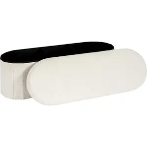 Storage Ottoman Bench, 43.3 Inches Oval Ottoman with Storage, Teddy Boucle Foot Rest Stool, Large Folding Ottoman Bench for Bedroom, Living Room, Entryway, Bedroom, White
