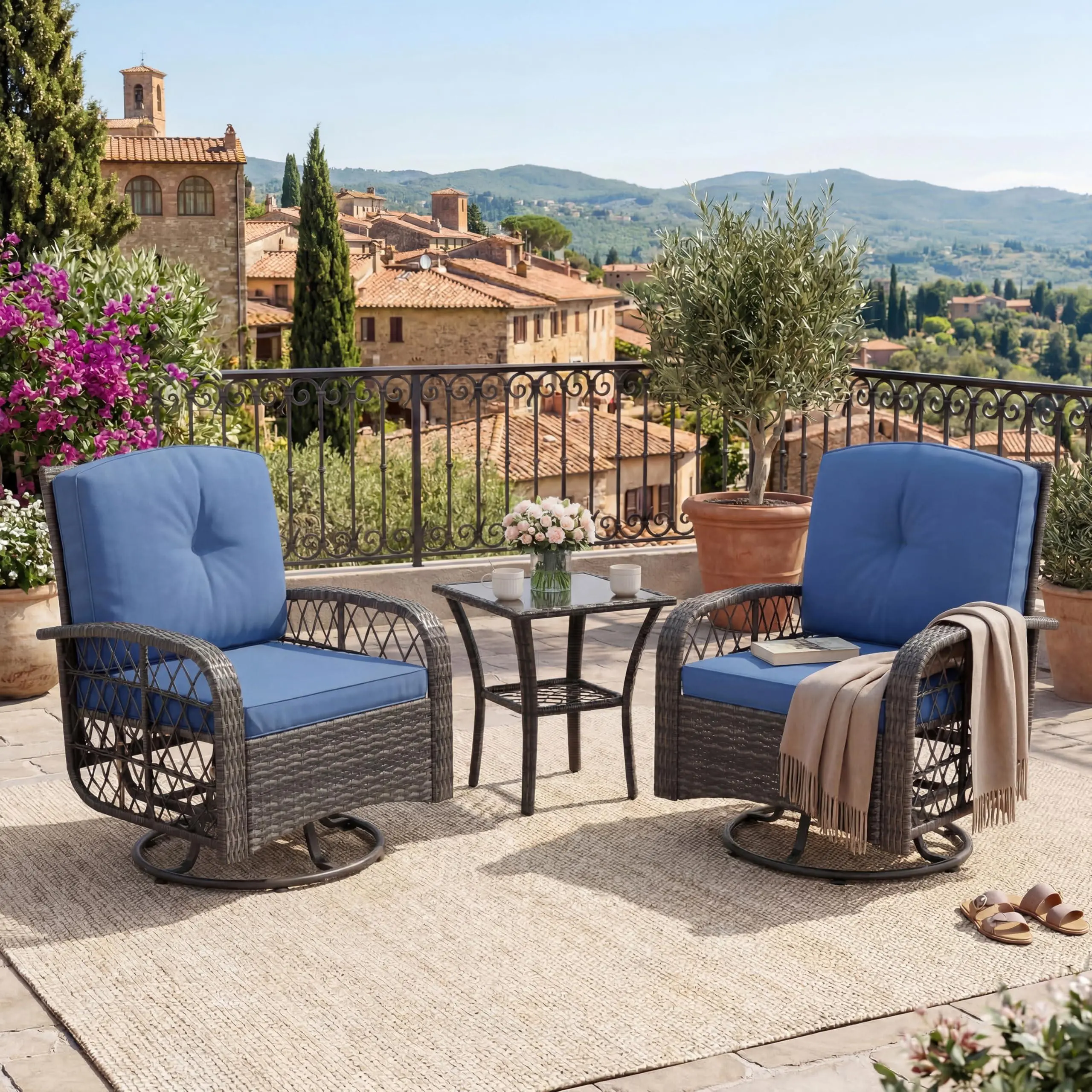 3-Piece Sturdy Bistro Look Outdoor Patio Wicker Swivel Rocker Chair & Table Set - Thick Grey+Blue Cushions, Glass Tabletop, for Backyard, Garden, Balconies, Swivel Rockers