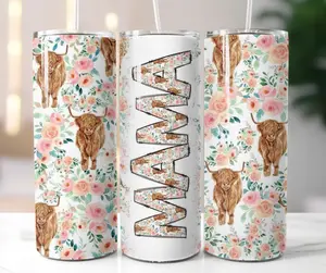 Floral Highland Cow Mama Tumbler - Perfect Mom Gift for Mother's Day - Drinkware, Bottle Lid Stainless Steel Straw Stylish Beverage Bottled