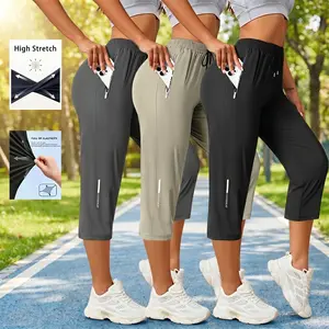 Women's Summer Ice Silk Quick-Dry Three-QuarterAthletic Pants - High Stretch, Loose Fit, Zipper Closure, Anti-Theft Pocket Design; Ideal for Running, Fitness, Yoga, andOutdoor Training