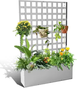 Privacy Screen with Planter Box, Metal Raised Garden Bed with Trellis, Privacy Planters for Patio, Planter Box with Drainage Holes for Climbing Plants, Flower, Vegetables