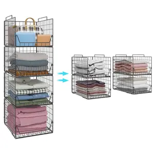 Stackable Closet Organizers 4 Pack Folded Storage Bins, Sturdy Metal Drawer Shelf Organizer for Closet Wardrobe Black