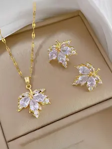 French Luxury Maple Leaf Zircon Jewelry Set, Necklace & Earrings, Adjustable Chain, Vintage Elegant, Perfect for Daily/party/dating