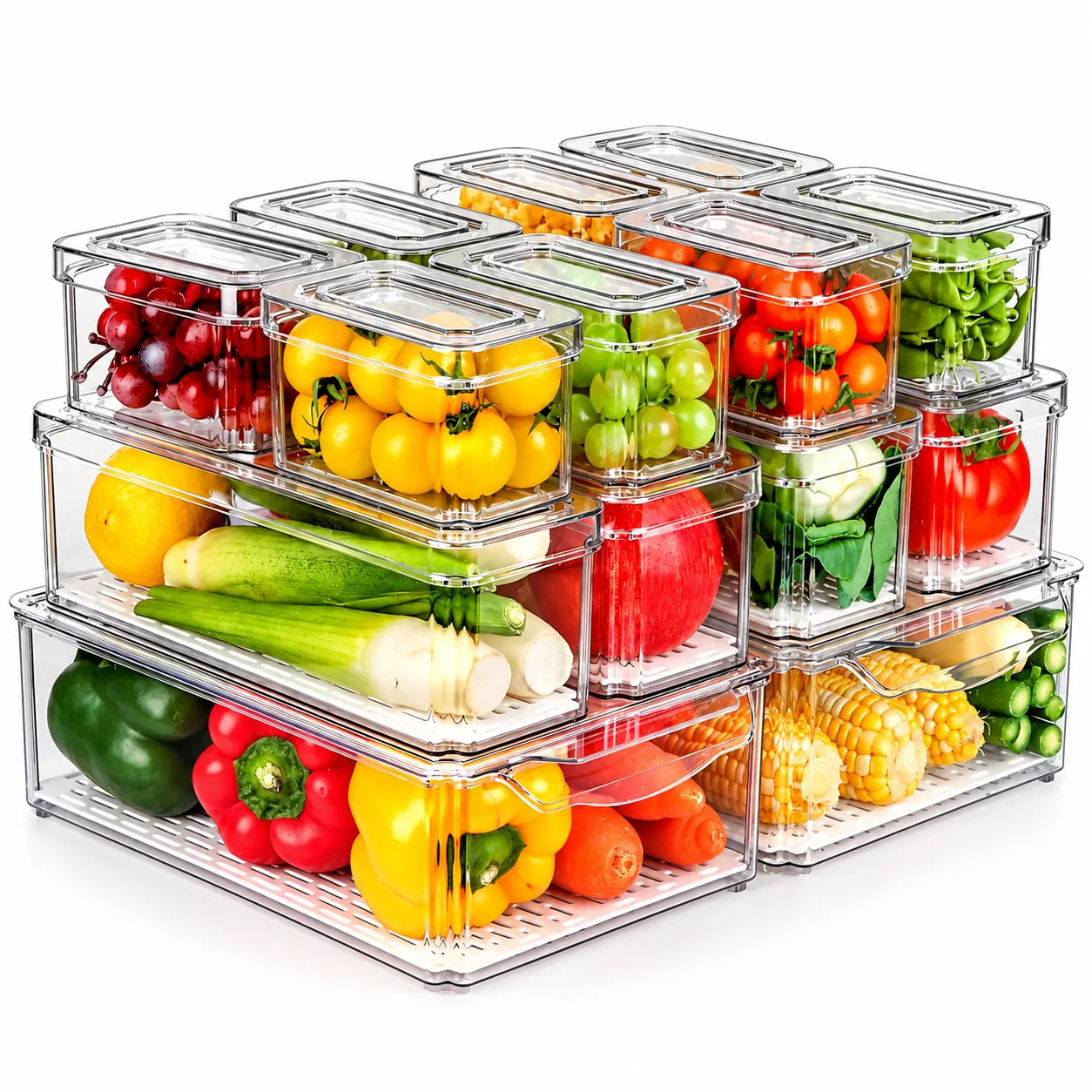 14 Pack Stackable Refrigerator Organizer Bins with Lids, BPA-Free Food-Safe Stacking Food Containers for Produce, Kitchen Appliances, Refrigerator Accessories, Organizer Storage
