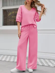 Fisoew Womens 2 Piece Outfits Casual V Neck Shirts Wide Leg Running Long Pants Loose Workout Tracksuit Sets