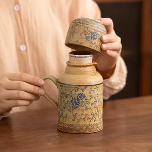 Twined lotus ancient pottery small warm pot retro stuffy teapot teacup ceramic thermal insulation pot tea set business gift souvenir