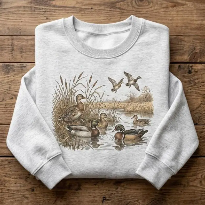 Vintage Mallard Duck Shirt Retro Teal Waterfowl Sweatshirt Flying Ducks Graphic Hoodie Wetland Wildlife Nature Art Unisex Tee For Hunter