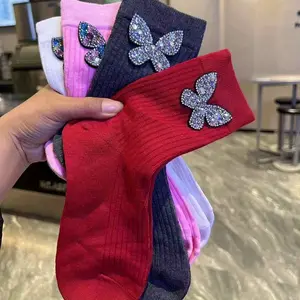 6 Pairs Spring and Autumn Fashion Color Water Diamond Three Dimensional Butterfly Design Sense Stacked Socks Sports Middle Tube Socks for Girls and Women