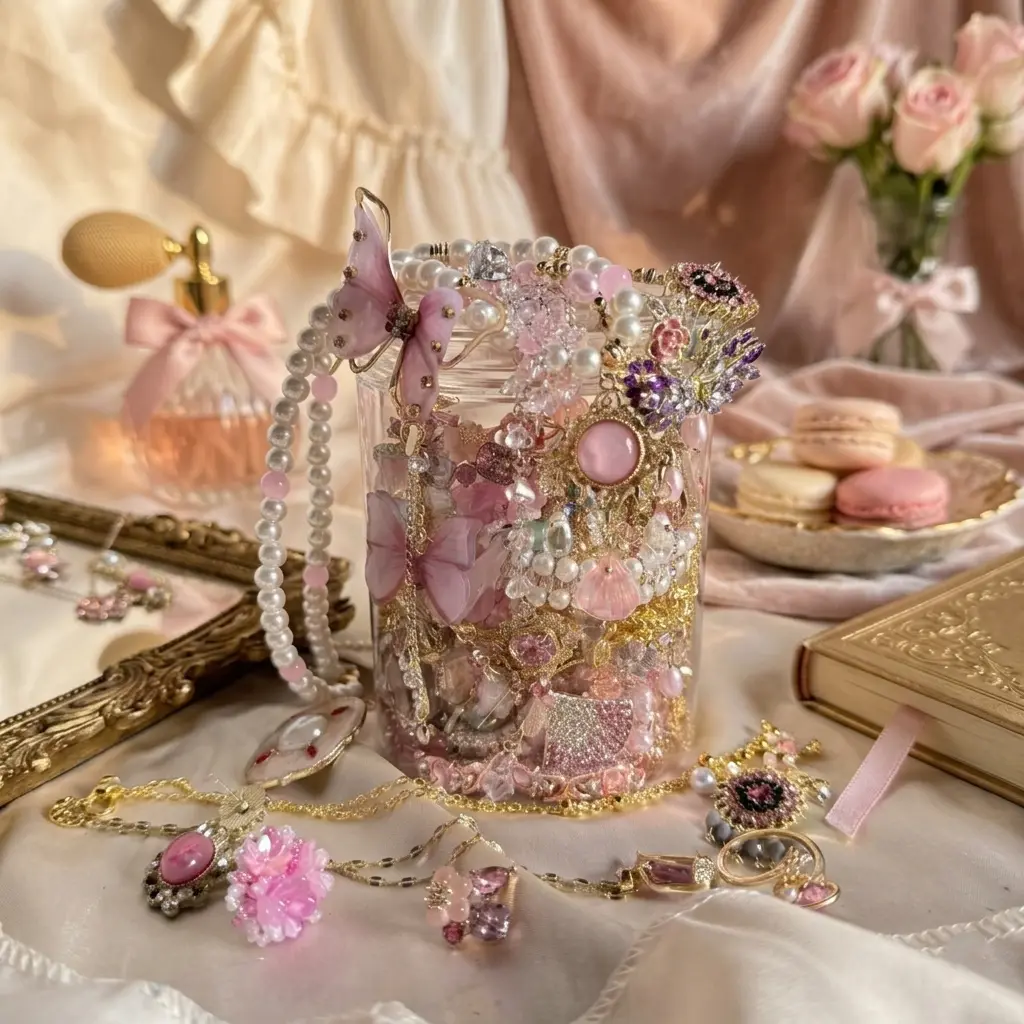 Women's Romantic Pink Vintage Jewelry Mystery Jar Set - Necklace, Earrings, Ring, Bracelet Collection, Whimsical Cute Girly Gifts, Accessories for Women, Whimsical Gifts