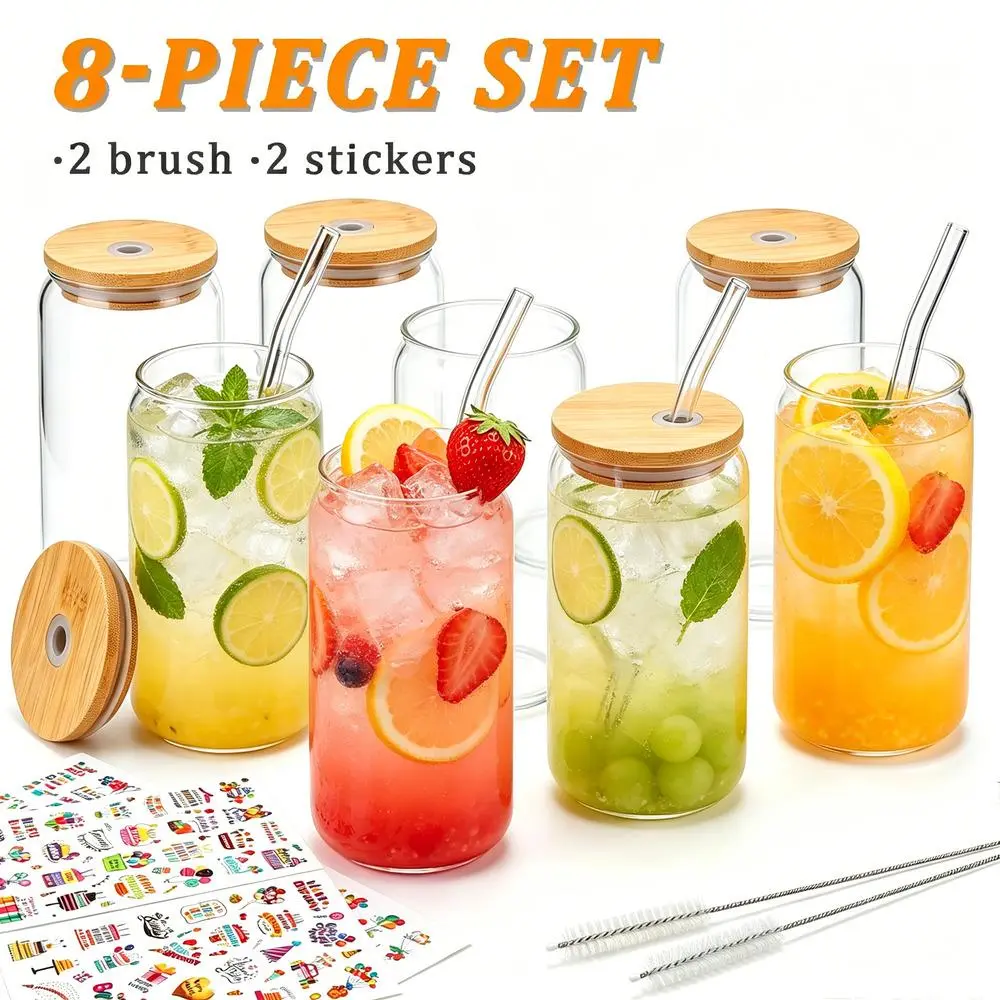 Reusable Drinking Glasses Minimalist Clear Can Shape Drinkware Collection, Natural Bamboo Lids Lock In Cold Temperature & Block Unwanted External Odors