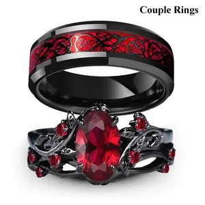 Charm Couple Rings Romantic Women Red Rhinestones Rings Set Trendy Men Stainless Steel Celtic Dragon Rings Wedding Band Jewelry