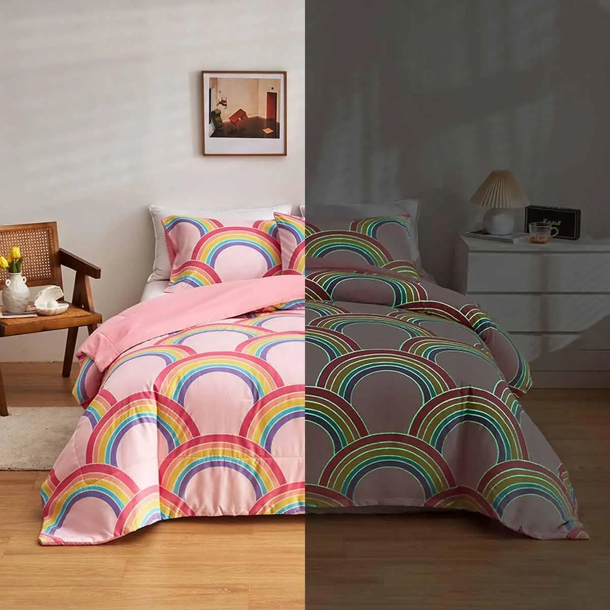Queen Size Blanket Bedding Set for Children - 3D Mermaid Scales Digital Print, Multi-Color Stripe Pattern, Glow-in-the-Dark Rainbow Comforter, Pink Quilted Duvet Covers, Soft Comfy Blanket, Bed Cover Duvets & Sets