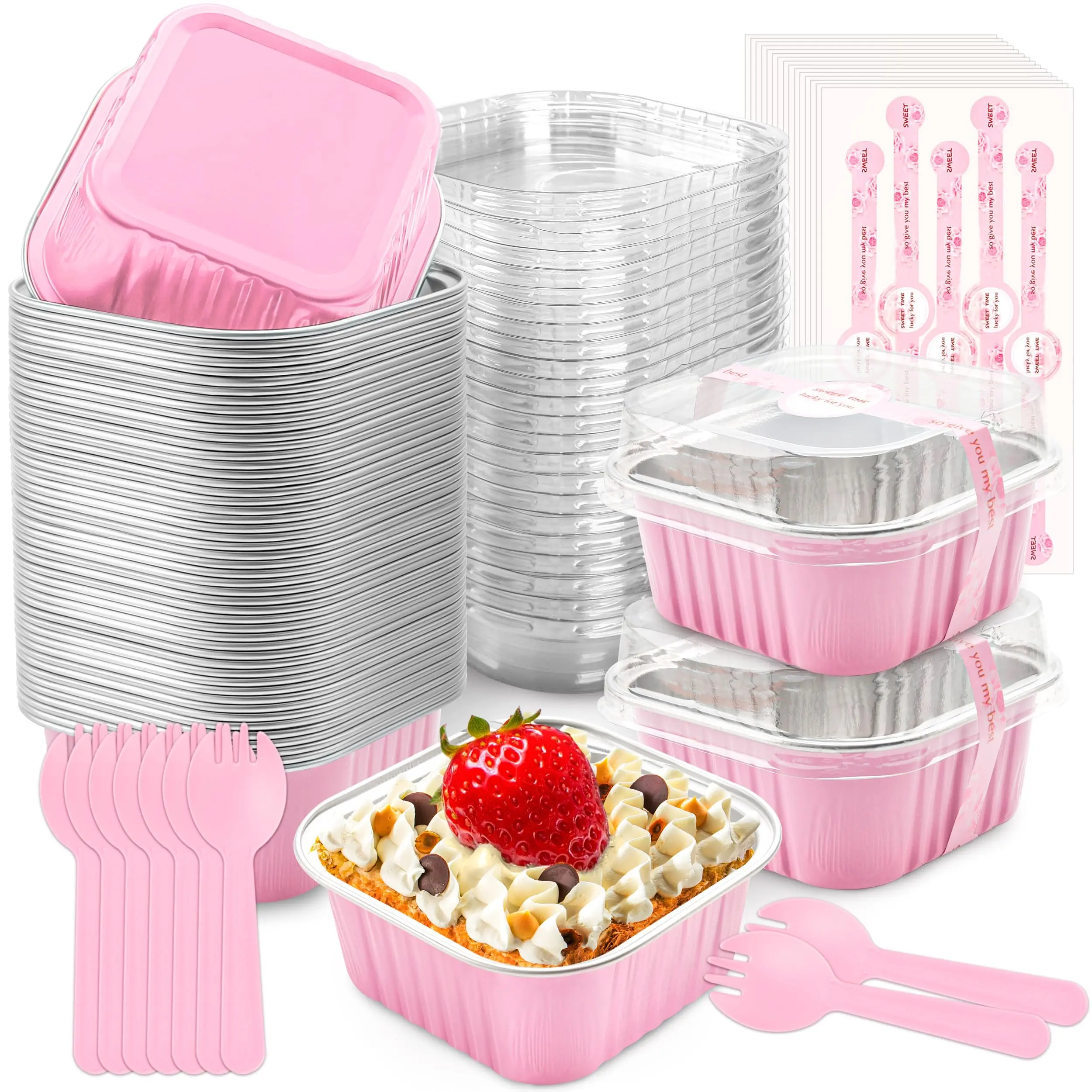 50-Pack Disposable Square Aluminum Foil Baking Set - Mini Loaf Pans (3.46” Top L,2.56” Bottom L,3.46” Top W,2.56” Bottom W,1.46” H) with Lids, Spoons, Cupcake Liners, Home Baking Supplies for Brownies, Ramekin Holders; Spill-Blocking Lids, Easy to Use, Ba