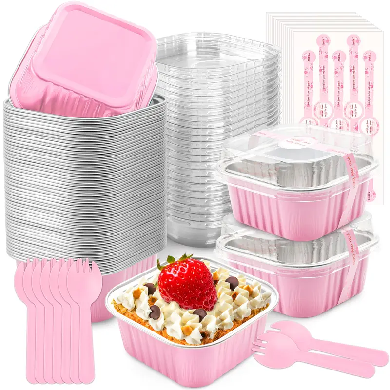 50-Pack Disposable Square Aluminum Foil Mini Loaf Bakeware Set (3.46” Top L, 2.56” Bottom L, 3.46” Top W, 2.56” Bottom W, 1.46” H) with Lids, Spoons, Cupcake Liners - Spill-Proof, Easy-to-Use Disposable Containers for Home Baking Supplies, Brownies