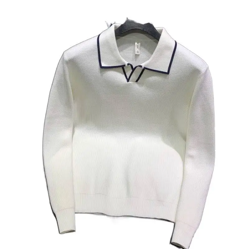 Men's Colorblock Striped Collar Long Sleeve Knitted Polo Shirt - Menswear Top, Autumn Winter High-End Plain Versatile Casual Fashion Piece