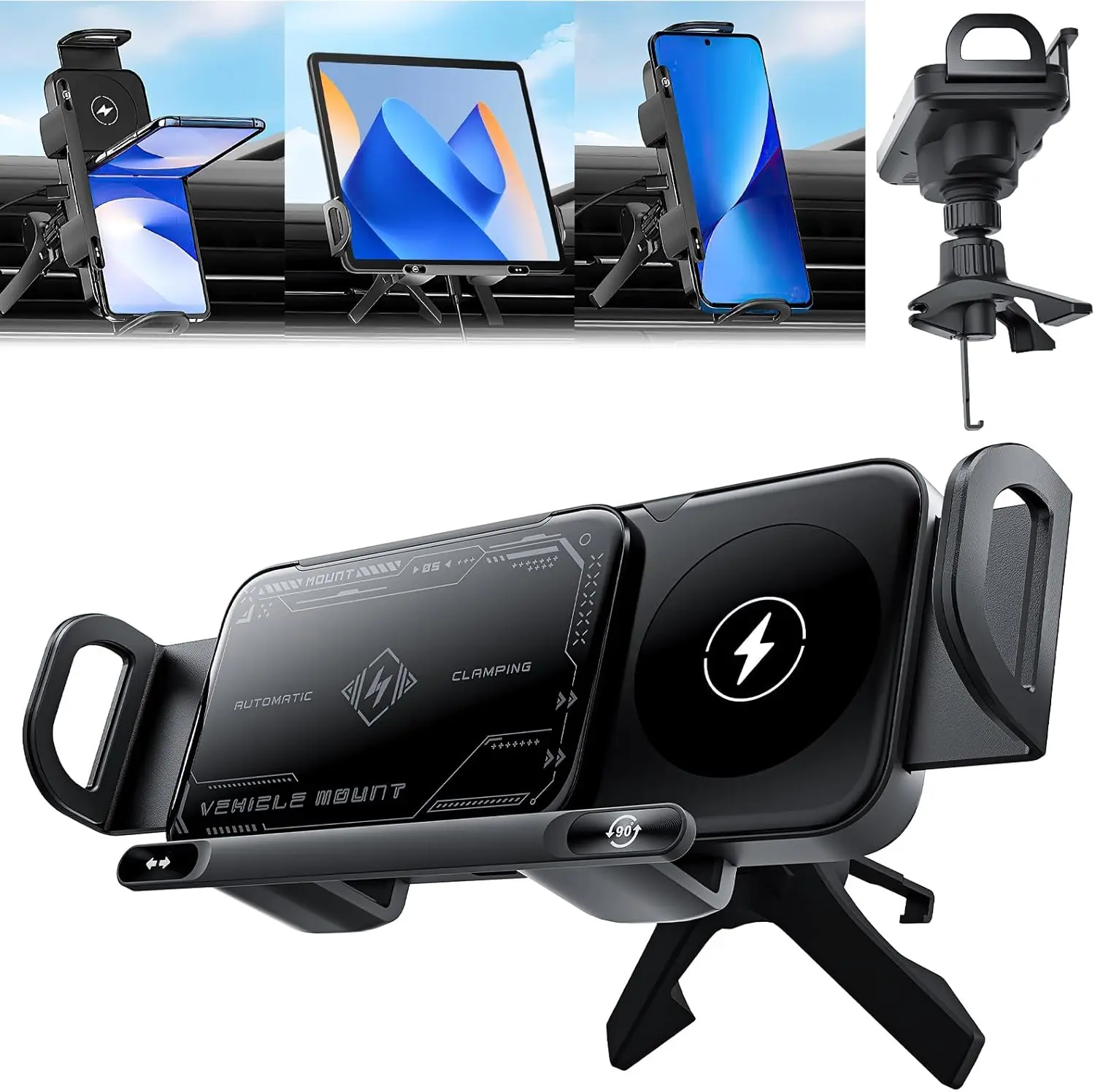 Car Phone & Tablet Holder for Foldable Devices - 15W Dual Coil Wireless Charging, Adjustable Metal-Plastic Hook Clip Mount, 90-Degree Rotation for Driving, Automatic Functionality