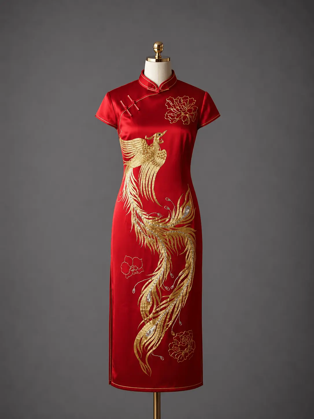 Red Silk Qipao — Gold Phoenix & Peony Hand Embroidery