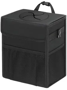 Car Trash Can with Lid – 2.5 Gallon Leakproof Hanging Car Garbage Bin with Storage Pockets for Front & Back Seat (Black) 9"L x 5.5"W x 11"H