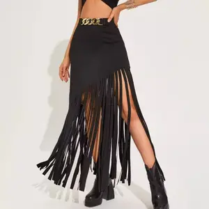 US Trendy Asymmetrical Fringe Midi Skirt| Women's High-Waisted Figure-Flattering Paneled Black Wool-Blend Skirt for Party & Street Fashion