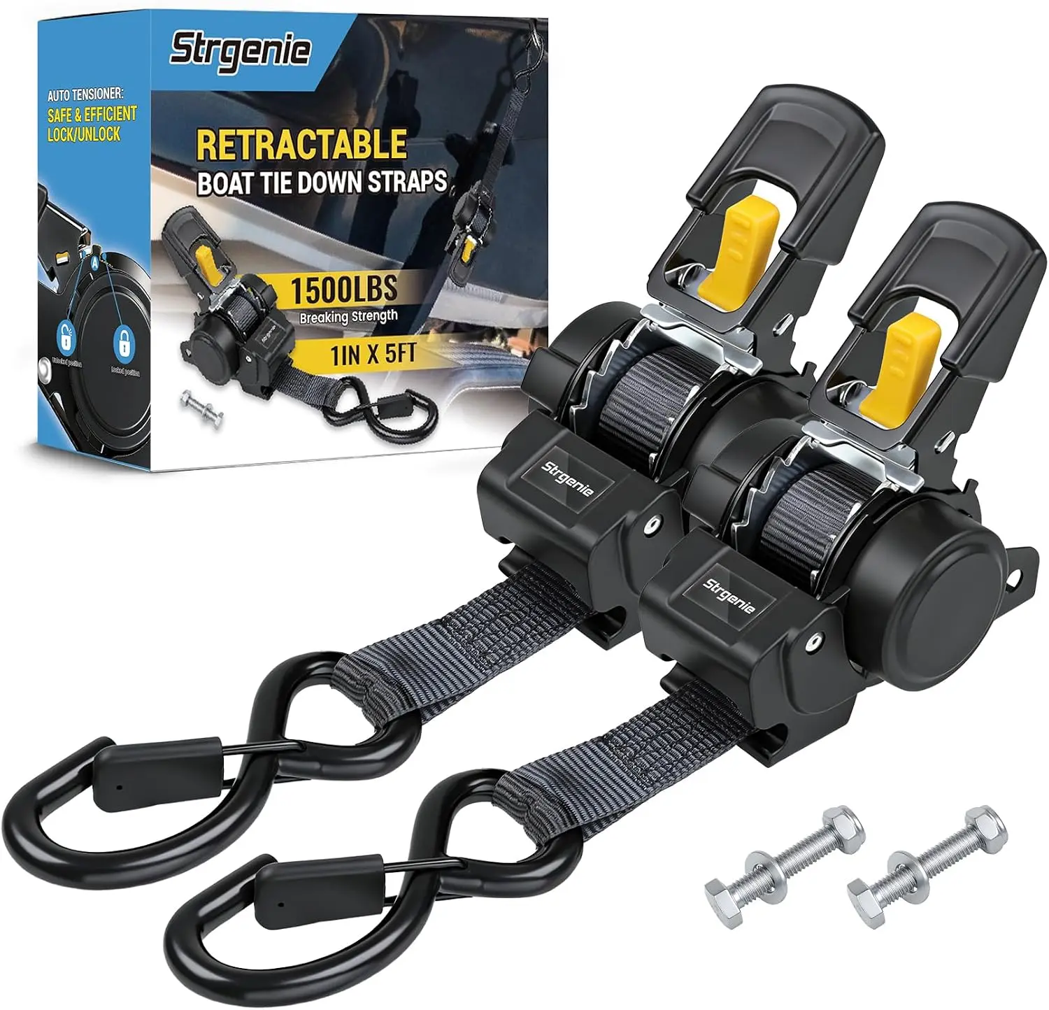 1IN x 5FT Bolt On Auto Retractable Ratchet Tie Down Straps | Mountable Transom Straps with Fastening for Boat, Jet Ski, ATV, RZR, UTV, Trailer Transport, Outdoor Vehicle Hauling